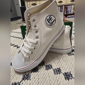 P.F. Flyers Cream Canvas High-Top Sneakers with Red & Blue Stripe